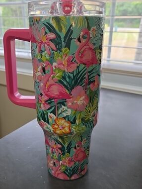 The Spring Shop Tropical Flamingo Travel Tumbler with Pink Handle
